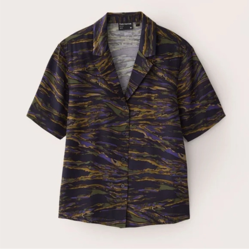 Frank and Oak | Camp Collar Blouse | Green/Purple/Gold/Navy Printed | S
